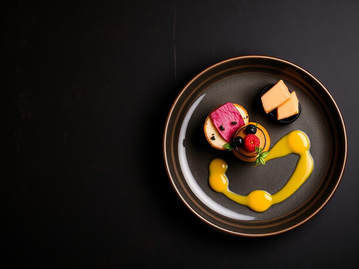Plato gourmet emplatado sobre mesa oscura