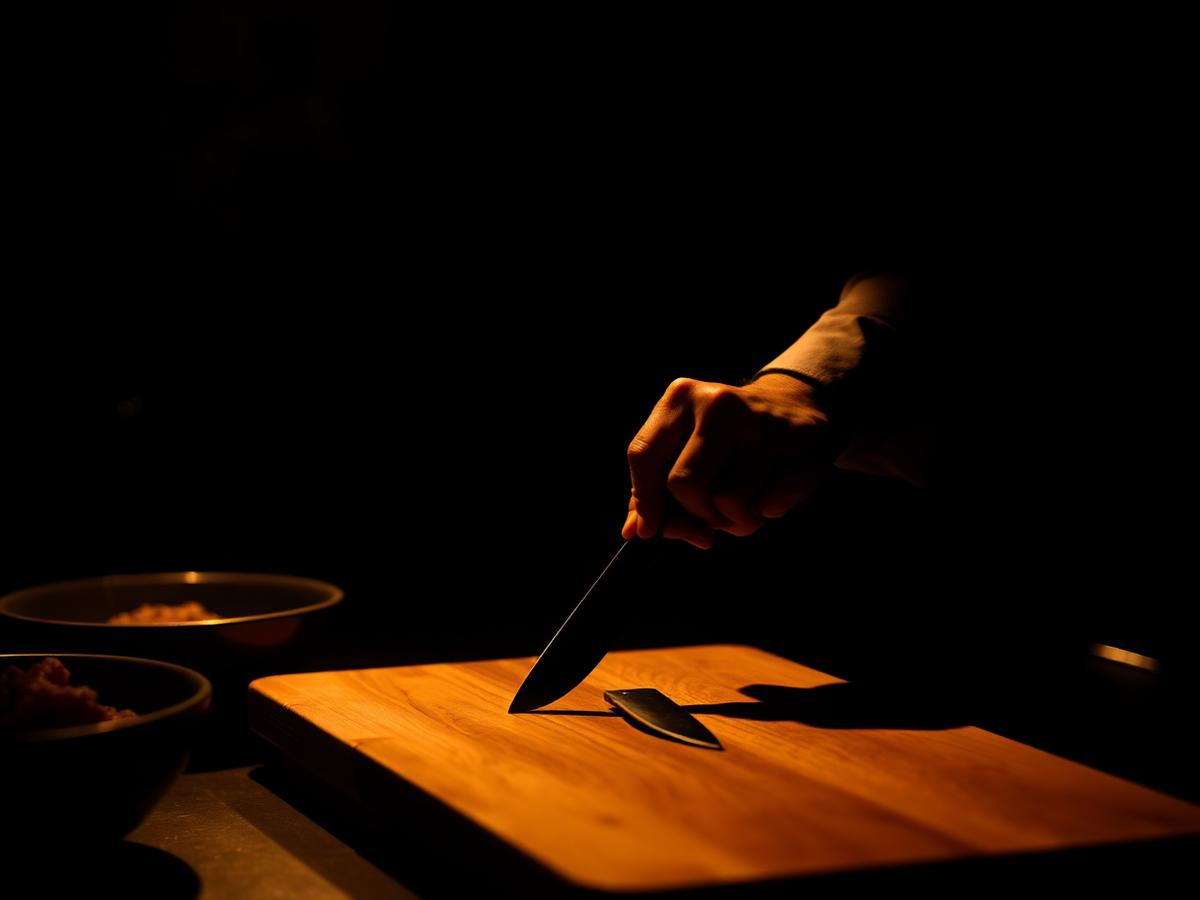 Manos de chef cortando sobre tabla de madera